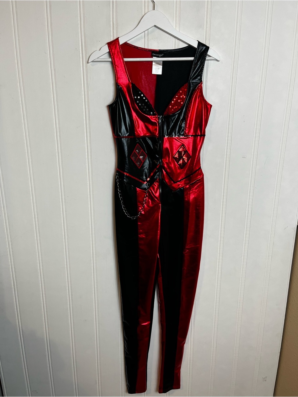Dreamgirl Red and Black Harley Quinn Metallic Faux Leather Jumpsuit with Chain